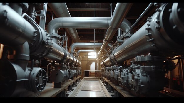 Foto o interior de uma fábrica industrial com muitos tubos e máquinas grandes tubos metálicos estão ligados por várias válvulas e dispositivos a atmosfera é tensa