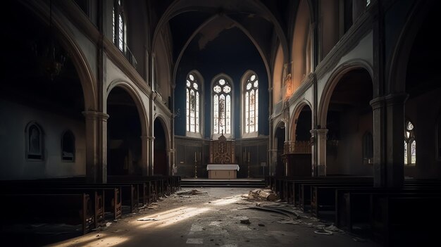 O interior de uma igreja com o sol brilhando no teto