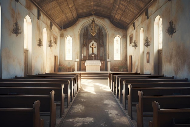 O interior de uma igreja com uma cruz no topo do altar.