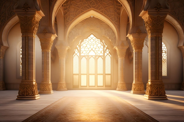 O interior de uma mesquita muçulmana aos raios do sol