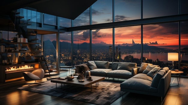 O interior de uma moderna sala de estar com janelas panorâmicas e belas vistas das janelas 3D