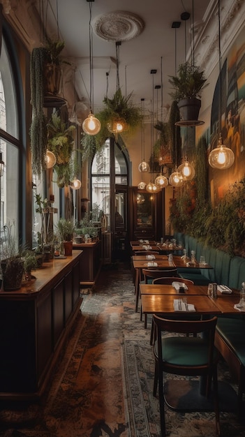 O interior do restaurante é decorado com plantas e plantas.