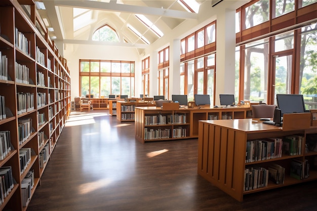 O interior do salão do prédio da biblioteca com muitos livros