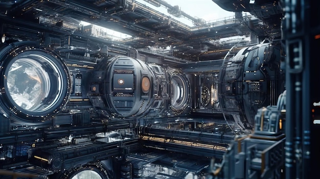 O interior futurista de uma nave estelar explora o espaço no futuro com tecnologia avançada