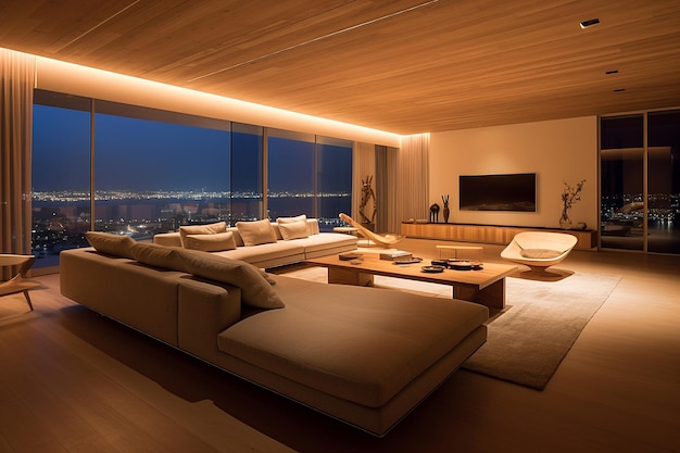 O interior minimalista é transformado à noite com o uso de luzes LED geradas por Ai