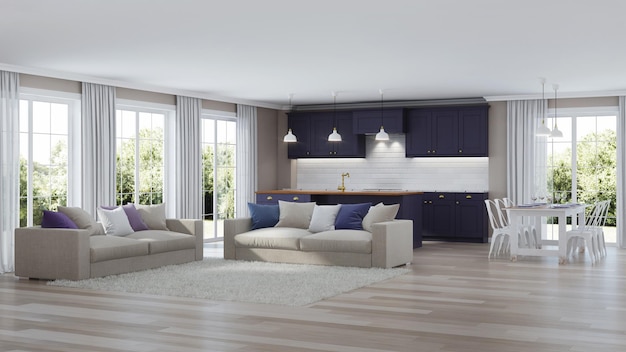 O interior moderno da casa com uma cozinha roxa escura. renderização 3D.