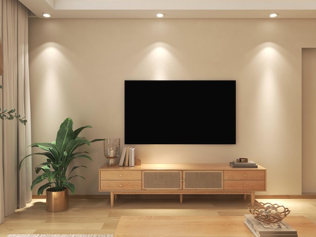 O interior moderno da sala de estar, com renderização em 3D de fundo de parede de efeito de iluminação de armário de TV