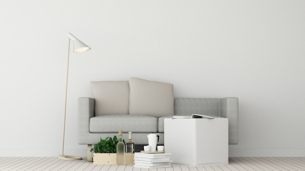 O interior relaxar espaço mobiliário renderização em 3d e fundo branco decoração minimalista