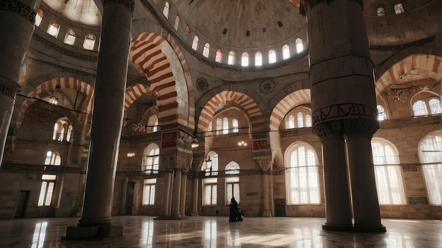 Foto o interior solene e sereno da mesquita banhado pela luz do sol