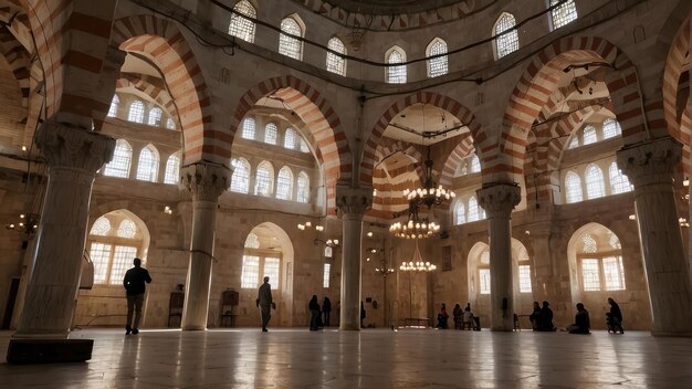 O interior solene e sereno da mesquita banhado pela luz do sol