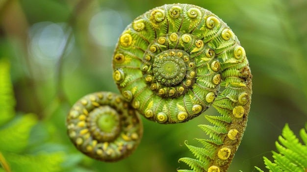 Foto o intrincado padrão em espiral de uma samambaia desdobrada ilustrando a beleza natural e a perfeição do projeto da natureza