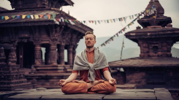 Foto o iogue está a meditar pacificamente no templo de pashupatinath, em katmandu, no nepal.