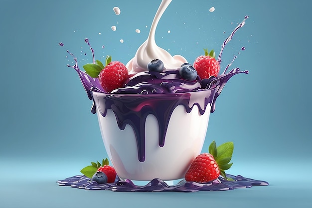 O iogurte de mirtilo anuncia um delicioso anúncio de iogurte com leite e geleia de frutas espalhados juntos em ilustração 3D