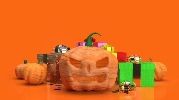 O jack o lantern e a caixa de presente em fundo laranja para renderização 3d de conteúdo de halloween