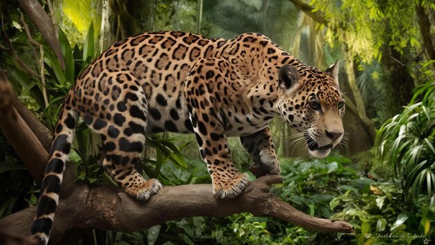 O jaguar americano no habitat natural da selva sul-americana