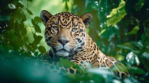 O jaguar manchado olha para a beleza majestosa no fundo da natureza