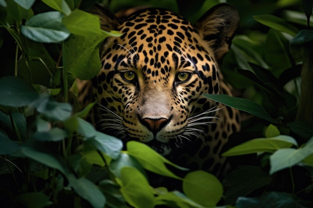 O jaguar olhando através da folhagem verde exuberante