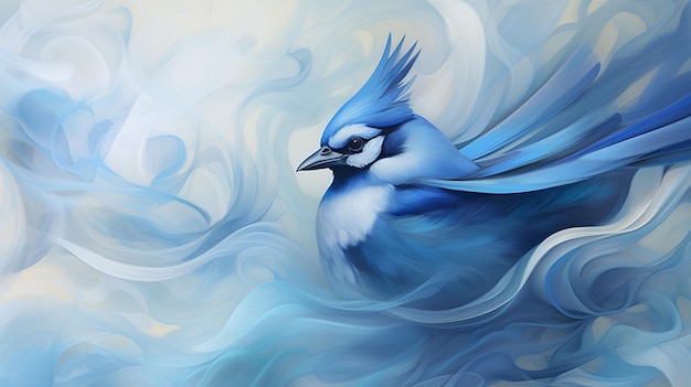 O Jay Azul norte-americano em fumaça azul irradiando uma aura encantadora em harmonia com as maravilhas da natureza