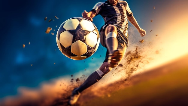 O jogador de futebol dirige a bola em direção à rede com um forte chute.