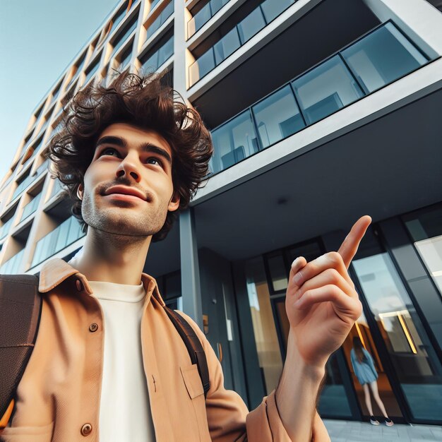 O jovem alegremente aponta para sua casa comprando uma propriedade