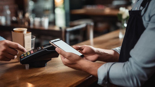 O jovem barista usa o telemóvel para aceitar o pagamento.