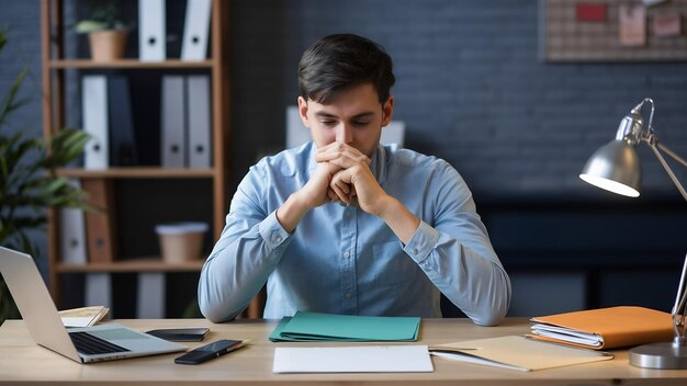 O jovem é resignado e dobra coisas no local de trabalho, pastas, documentos.