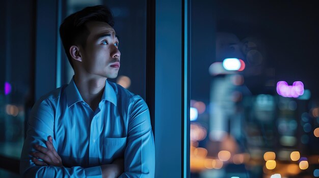 O jovem empresário asiático preocupado está parado perto das janelas enquanto faz horas extras no escritório à noite