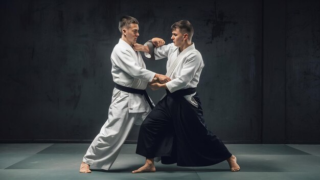 Foto o jovem está a treinar aikido no estúdio.