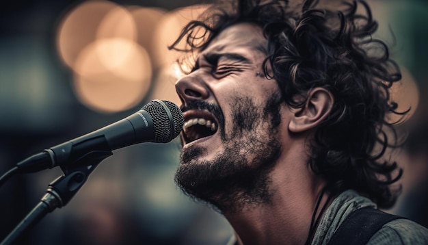 O jovem músico pop adulto sorri na guitarra de palco na mão gerada por IA