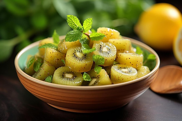 O kiwi é servido como topping em uma refrescante salada de frutas com hortelã e limão