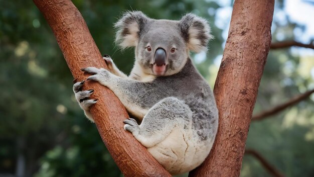 O Koala está na árvore.