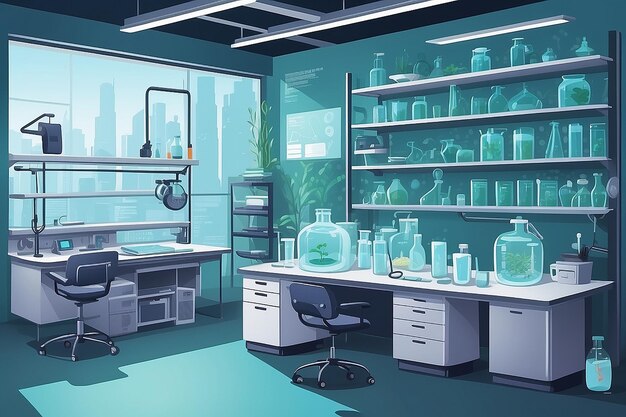 o laboratório com uma área dedicada ao estudo do microbioma e da ecologia microbiana ilustração vetorial em estilo plano