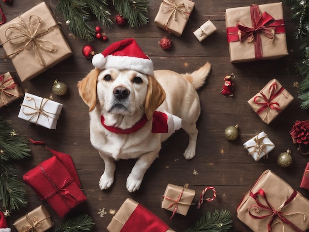 o Labrador retriever preto sentado com presentes em decorações de Natal