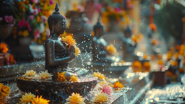 O lado tradicional de Songkran enquanto os moradores se reúnem para derramar água sobre as estátuas de Buda