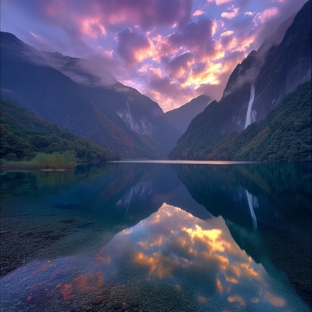 O Lago da Montanha Tranquila ao Pôr-do-Sol