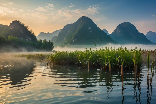 O lago sereno ao nascer do sol no meio das montanhas