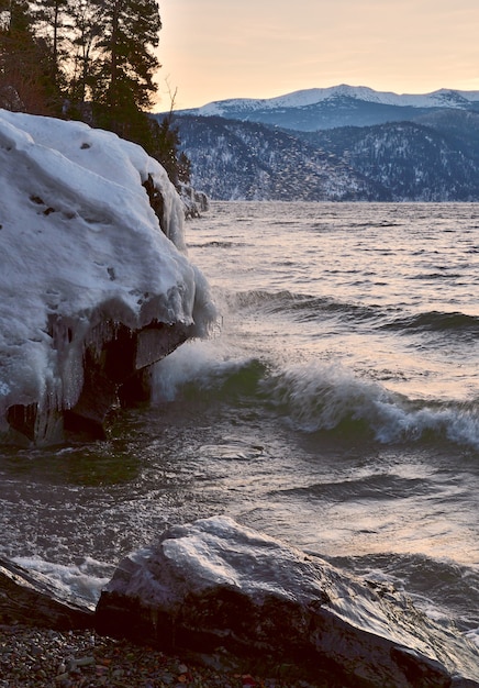 o lago teletskoye não congela no inverno, ondas de surf, neve, gelo e rochas de gelo na costa