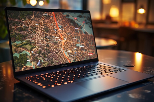 O laptop de exploração com experiência em tecnologia mostra o ponteiro do mapa GPS para assistência à navegação