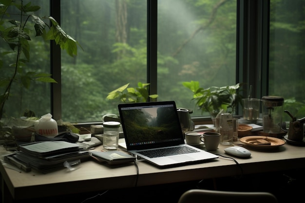 O laptop está na mesa do escritório