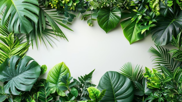 O layout apresenta folhas tropicais coloridas em um fundo branco conceito exótico minimalista de verão com espaço de cópia O arranjo da borda fornece um bom toque final