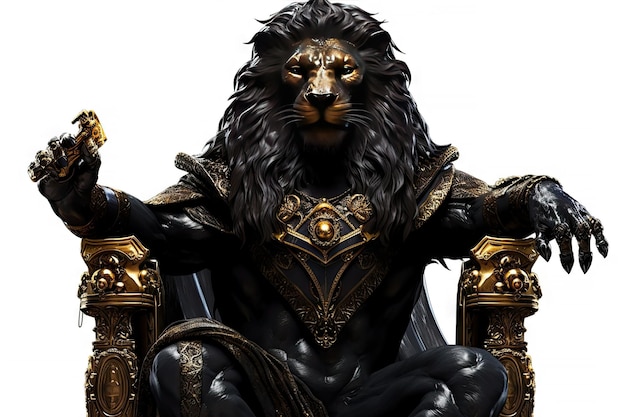 O leão Royal Black com fantasia de vestido de luxo Close-up King lion em fundo branco Generative AI