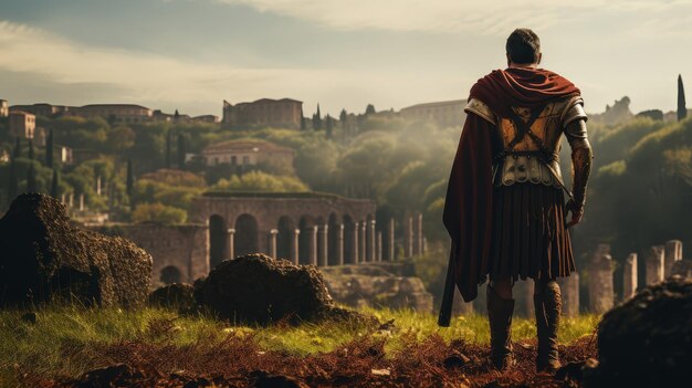 Foto o legionário romano contempla o passado do campo de batalha.