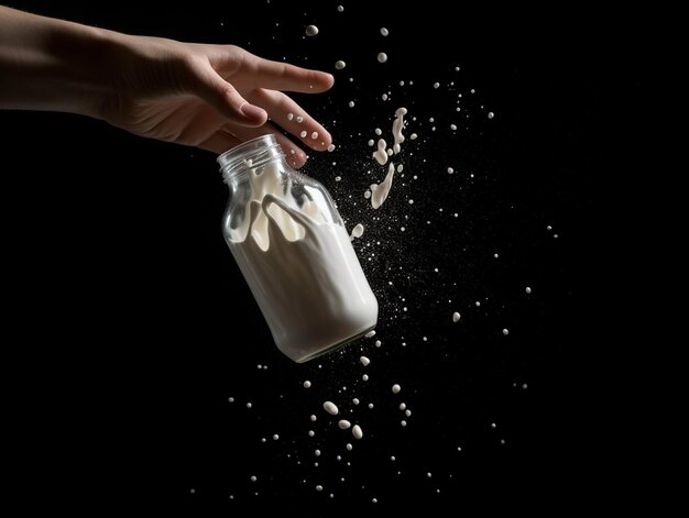 O leite é da garrafa do jarro para o copo em fundo preto IA generativa
