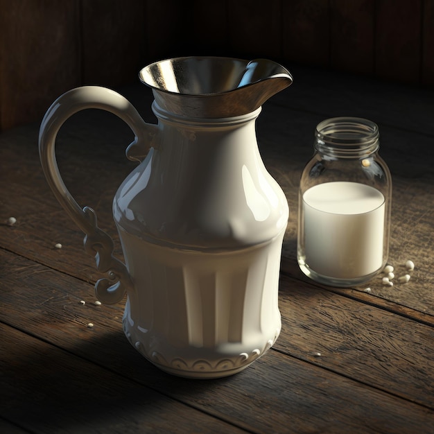 O leite vem de um jarro de perto e uma pequena e fofa imagem de garrafa de leite AI generativa