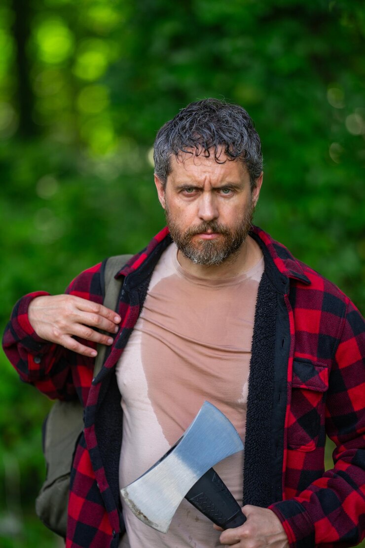 Foto o lenhador confiante trabalha na floresta de verão, o homem com um machado, o lenhador de camisa a quadros na floresta.