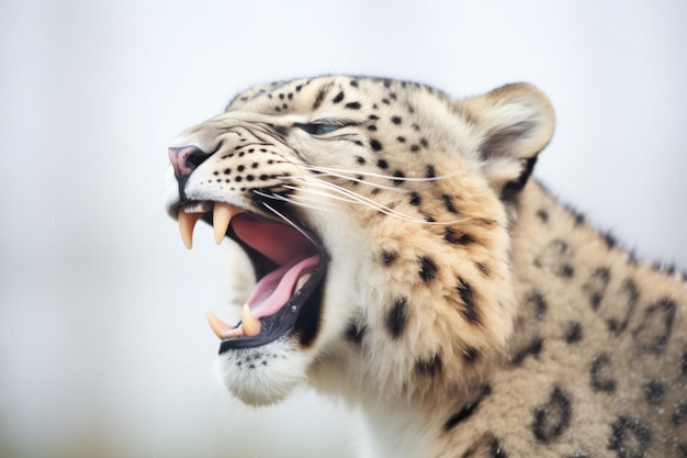 O leopardo-das-neves boceja e mostra os dentes.