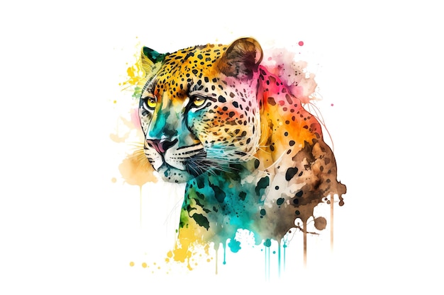 O leopardo é desenhado com aquarelas multicoloridas isoladas em um fundo branco gerado por IA