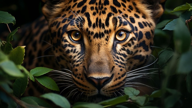 O leopardo escondido na folhagem da selva