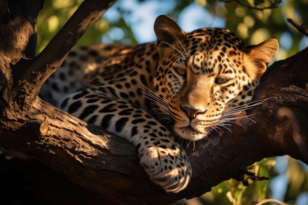 O leopardo está deitado numa árvore.