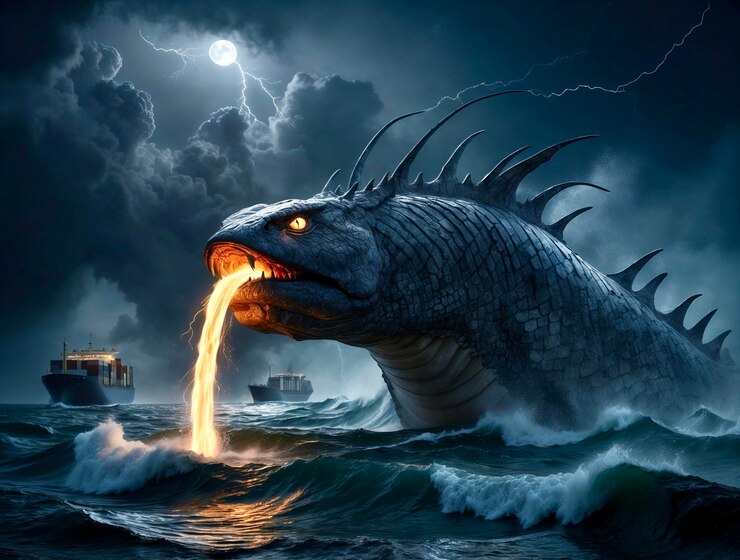Foto o leviatã soltou um majestoso monstro marinho na tempestade